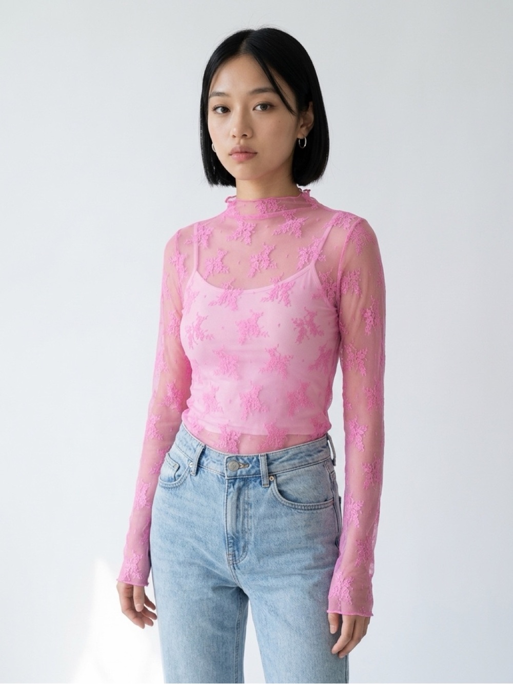 Vibrant Pink Mesh Floral Lace Top w/ Lettuce Trim - Coquette/Festival